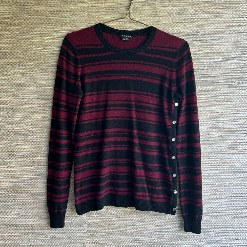 Theory Cashmere Stripes Long-Sleeve Crew Neck Side Button Sweater Size M